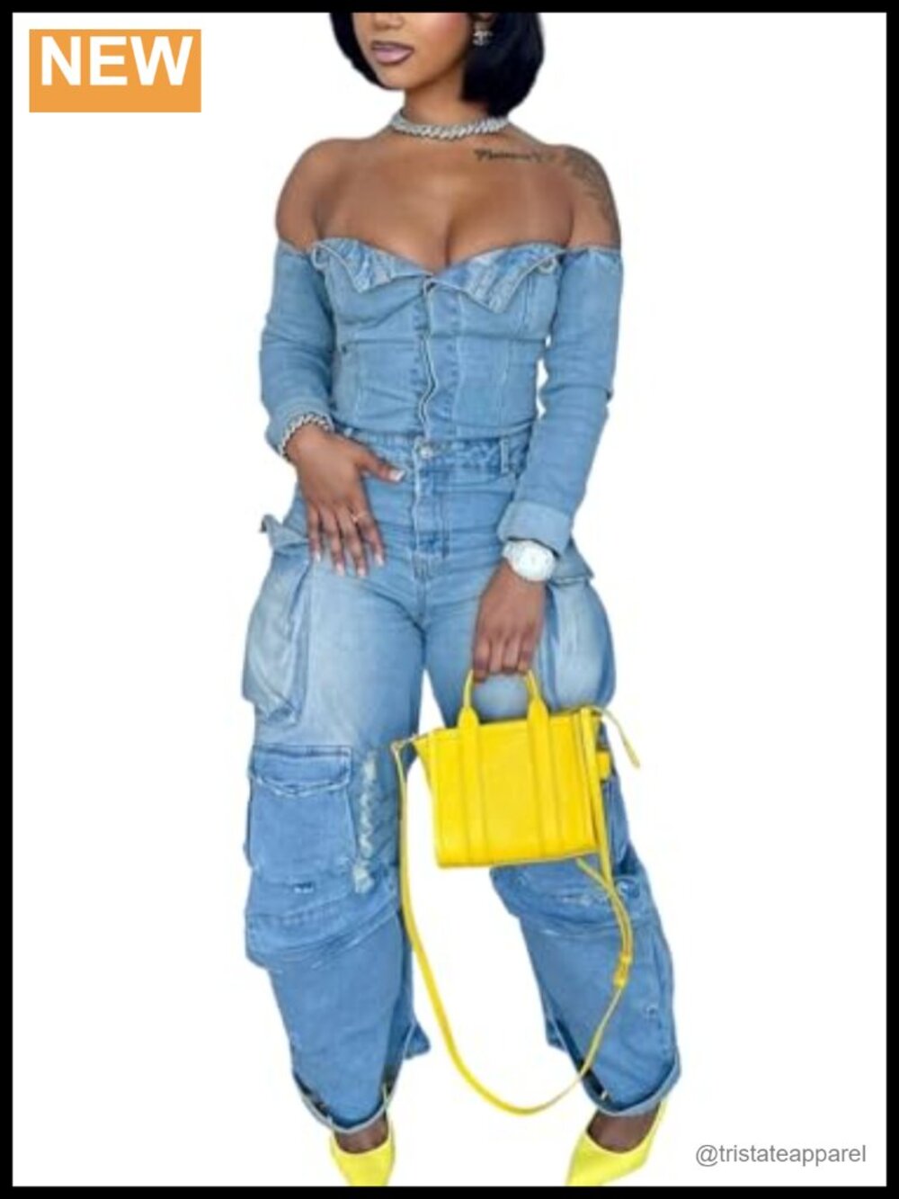 Off Shoulder Denim Jumpsuit Long Sleeve Cargo Wide Leg Romper for Women